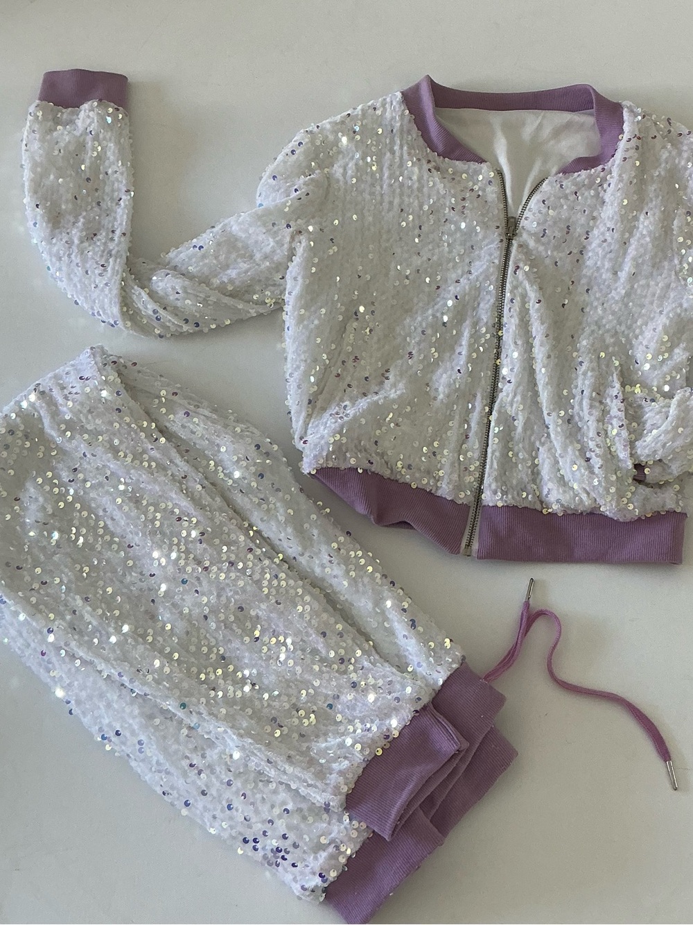 Angsuttc White Sequin Jogger Set Lavender Trim Bomber Jacket Pants Size S